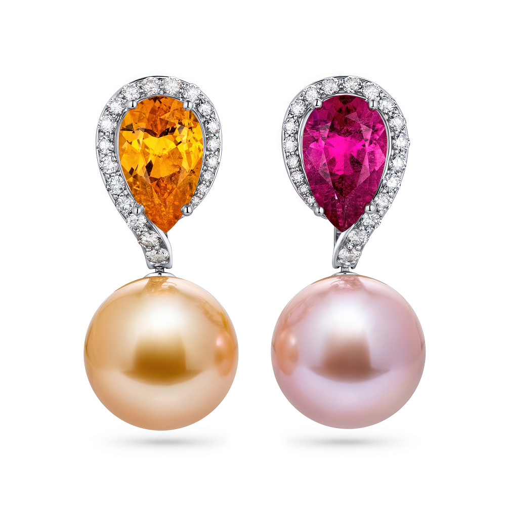 Серьги со спессартином, рубеллитом, бриллиантами, пресноводным жемчугом и золотым жемчугом Южных морей картинка 1