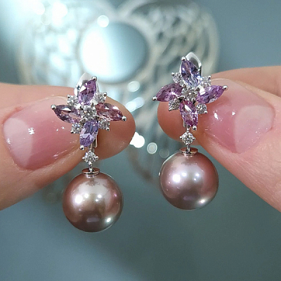 Серьги с сапфирами, пресноводным жемчугом и бриллиантами