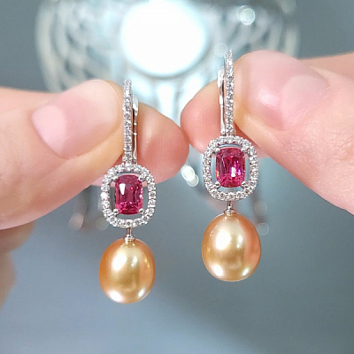 Серьги с золотым жемчугом Южных морей Амами, шпинелями и бриллиантами