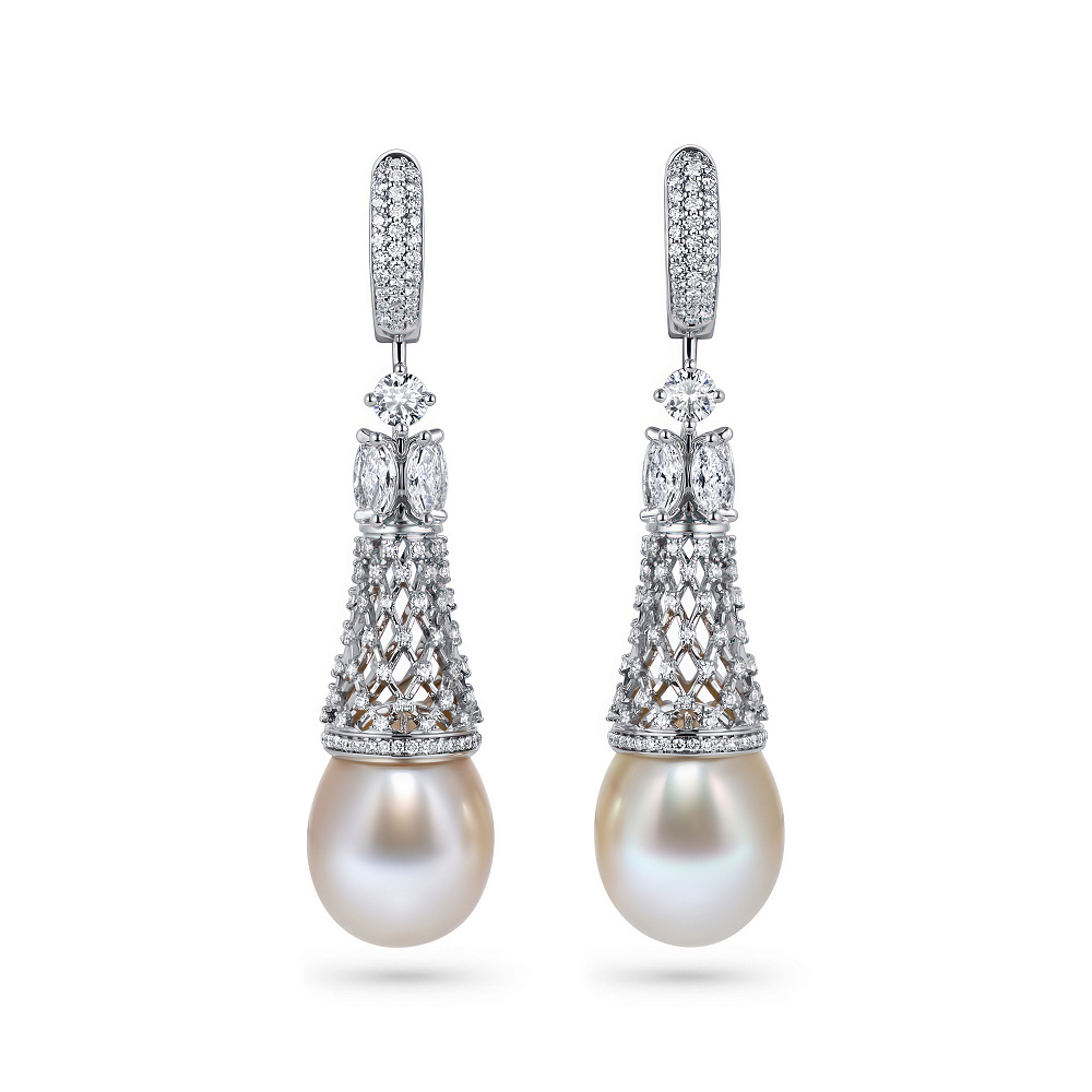 Серьги с Бирманскими жемчужинами цвета шампань и бриллиантами картинка 1