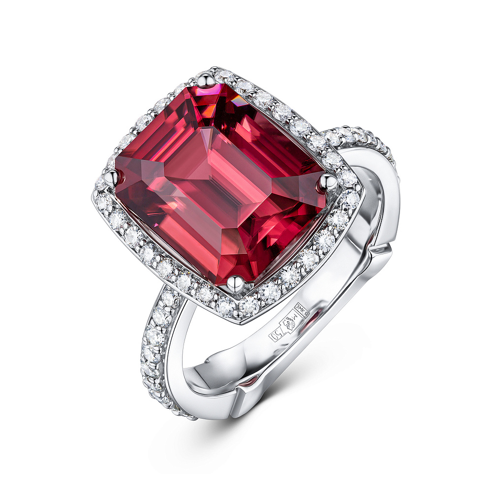 Кольцо с красным цирконом и бриллиантами картинка 2