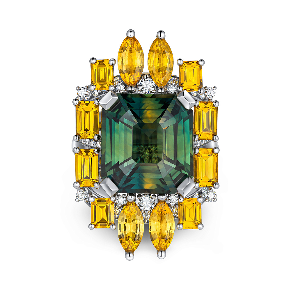 Кольцо с Teal сапфиром, желтыми сапфирами и бриллиантами картинка 2